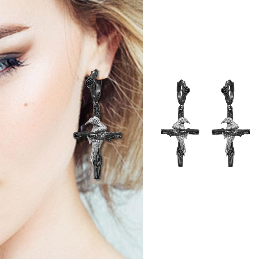 Gothic Cross Raven Punk Earrings Edgy Dark Jewelry Unique Design Ear Studs Alloy Hypoallergenic Ear Jewelry for Women