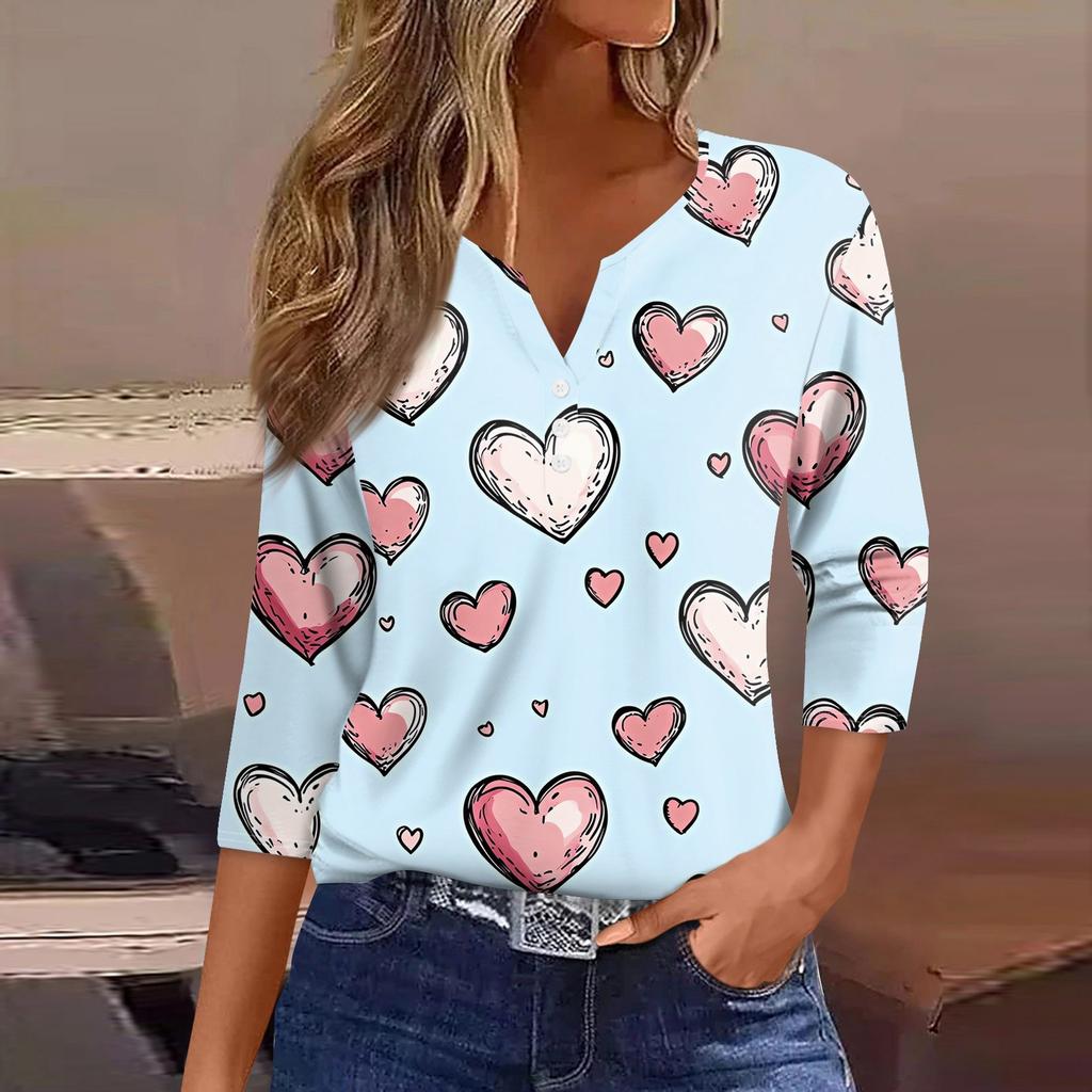Женская футболка с принтом ко Дню святого Валентина, на пуговицах, рукав 3/4, туника, повседневная мода на выходные, базовый топ с V-образным вырезом
