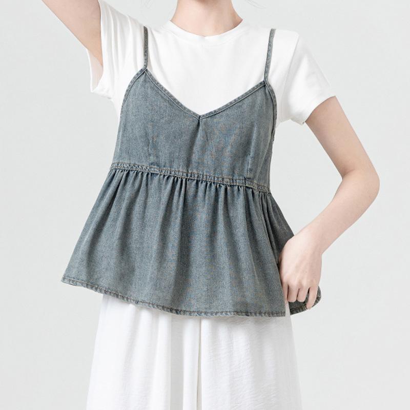 Стильная элегантность, мода, женский повседневный жилет, плиссированный дизайн, свободная джинсовая майка с V-образным вырезом, летние шикарные оборки, топы без рукавов для женщин