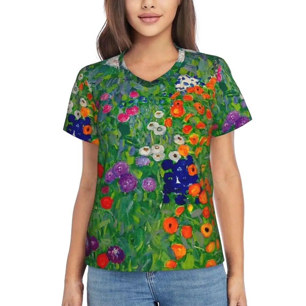 Gustav Klimt T Shirt The Kiss Hip Hop T-Shirts Women V Neck Basic Tops 2024 Beach Short Sleeve Pattern Clothes