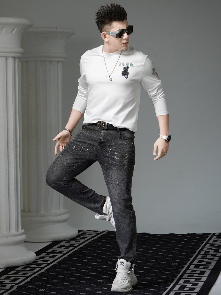 European Style Round Neck Long Sleeve T-Shirt for Men, Spring 2026 New Pullover Base Shirt, Trendy Bear Print Tee
