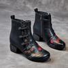 Johnature Ethnic Style Winter Warm Short Boots Genuine Leather Thick Heel Soft Sole Retro Printed Women's Shoes