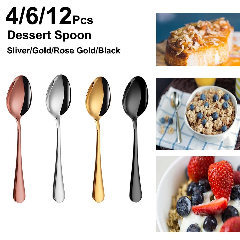 7.09" Mirror Gold Dessert Spoon Stainless Steel Stirring Spoons 4/6/12Pcs Cake Salad Spoon Set Sliverware Black Thin Cutlery