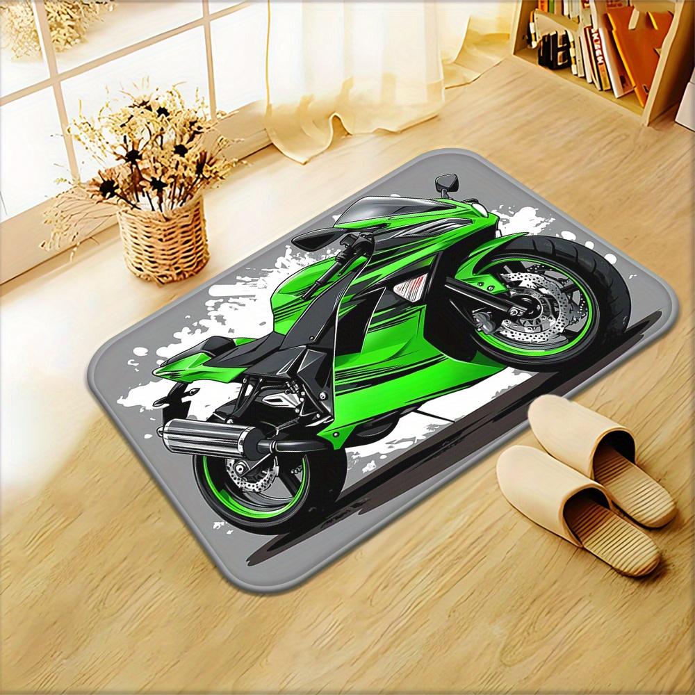 Green Motorcycle Graffiti Flannel Rug Non-Slip Absorbent Cool Biker Theme Floor Mat for Garage Entryway Kids Room Home Decor