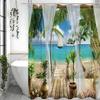 Балкон Пляж Вид на море Занавеска для душа, Цветочный Океан Пальма Парусник Ванная комната Декоративная Занавеска для душа, Водонепроницаемая Занавеска для душа