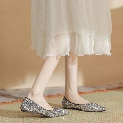 2024 черные остроносые одинарные туфли универсальные мягкие подошвы плоский каблук новые модные блестки корейская версия неглубокий носок плоские туфли женские