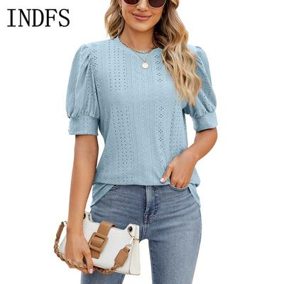 INDFS Женская мода Повседневная Летняя Весна Однотонный Принт Короткие Рукава О-Образным Вырезом Блузки и Рубашки