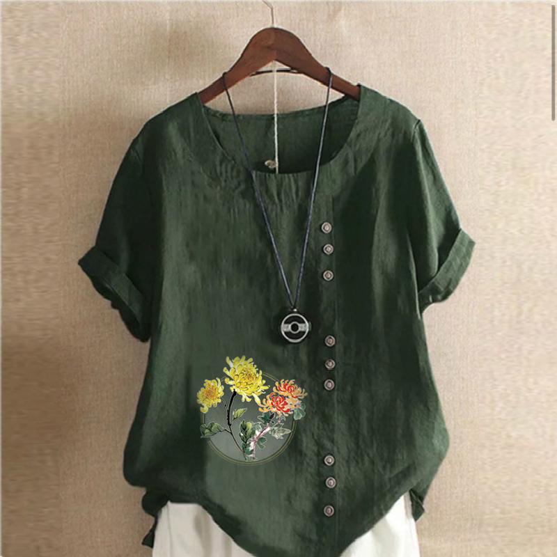 Women's Fashion Flowers Prined Round Neck Short Sleeve T-shirt Casual Cotton Linen Graphic Shirt Leisure Loose Summer Blouse Tops