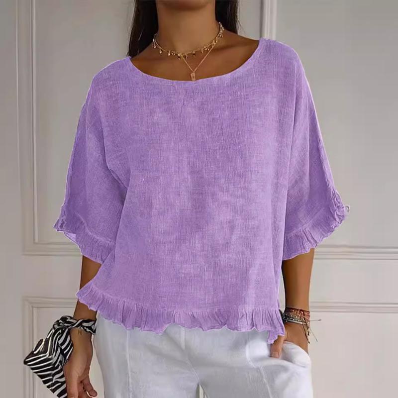 Летняя повседневная футболка с круглым вырезом и короткими рукавами из хлопка и льна, повседневная однотонная свободная футболка-пуловер, рубашка для женщин