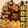 102Pcs New Year 2024 Black Gold Balloon Garland Arch Kit Backdrop Happy New Year Decoration for Home New Year 2024 Party Supplies