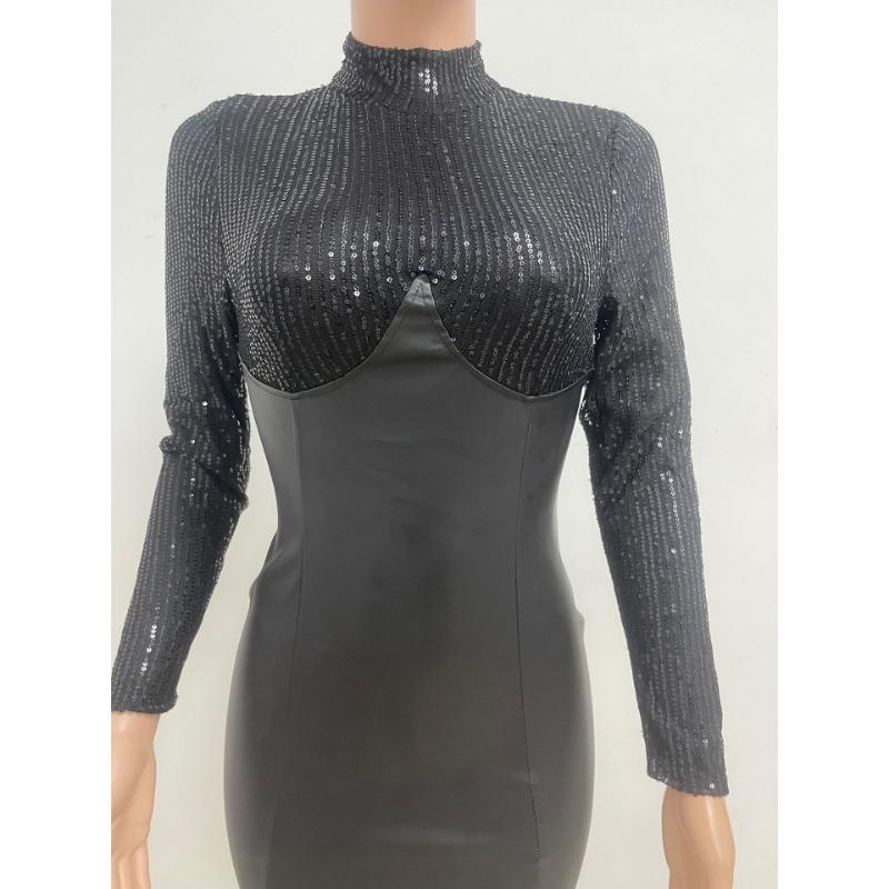 Женское облегающее платье с длинными рукавами и запахом, облегающее платье из искусственной кожи с высокой талией