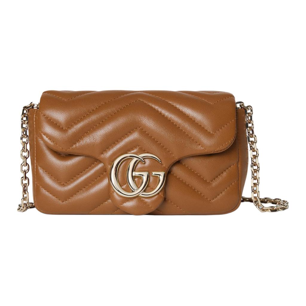 Gucci GG Marmont Brown Leather Chevron Quilted Mini Chain Crossbody Bag For Women Daily Use