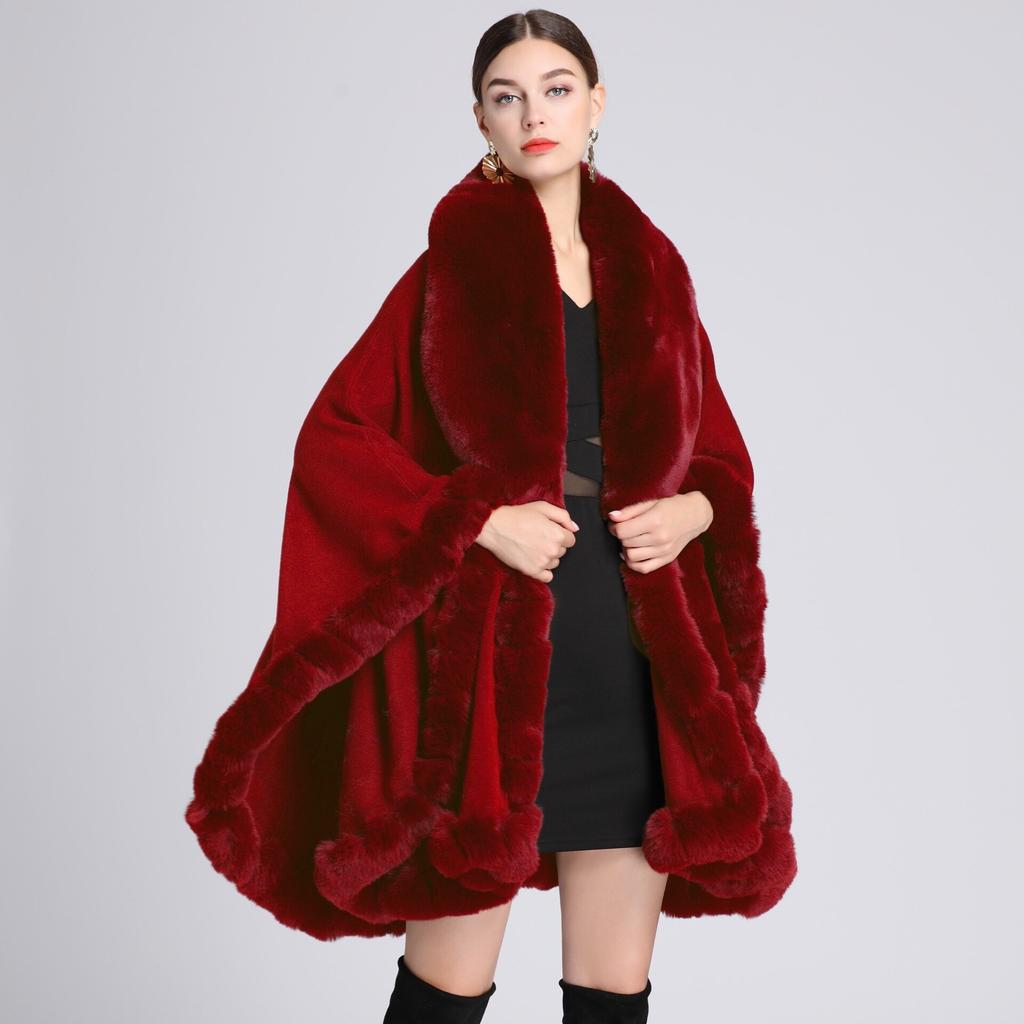 16 Colors Women String Rabbit Fur Collar Outstreet Wear Winter Thick Poncho Cardigan Long Cloak Big Pendulum Loose Shawl Coat