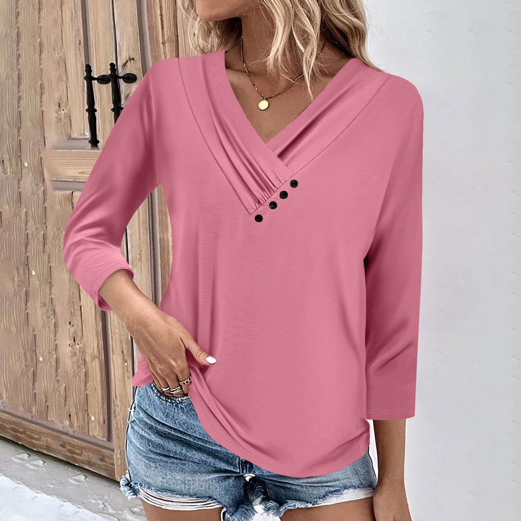 Womens 3/4 Sleeve Daily Weekend V Neck Casual Printed Tshirts Loose Fit Pleated Tees Ladies Blouse