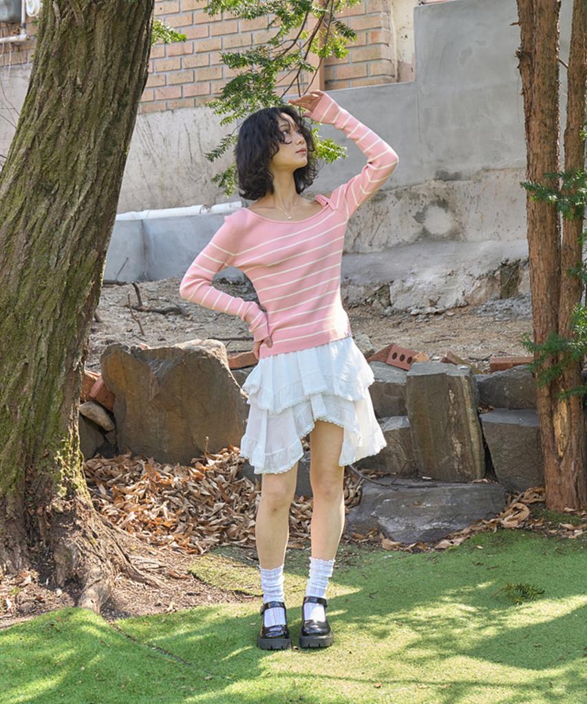 THE GREEN LAB Striped Shoulder Strap Detail Knit [Pink]