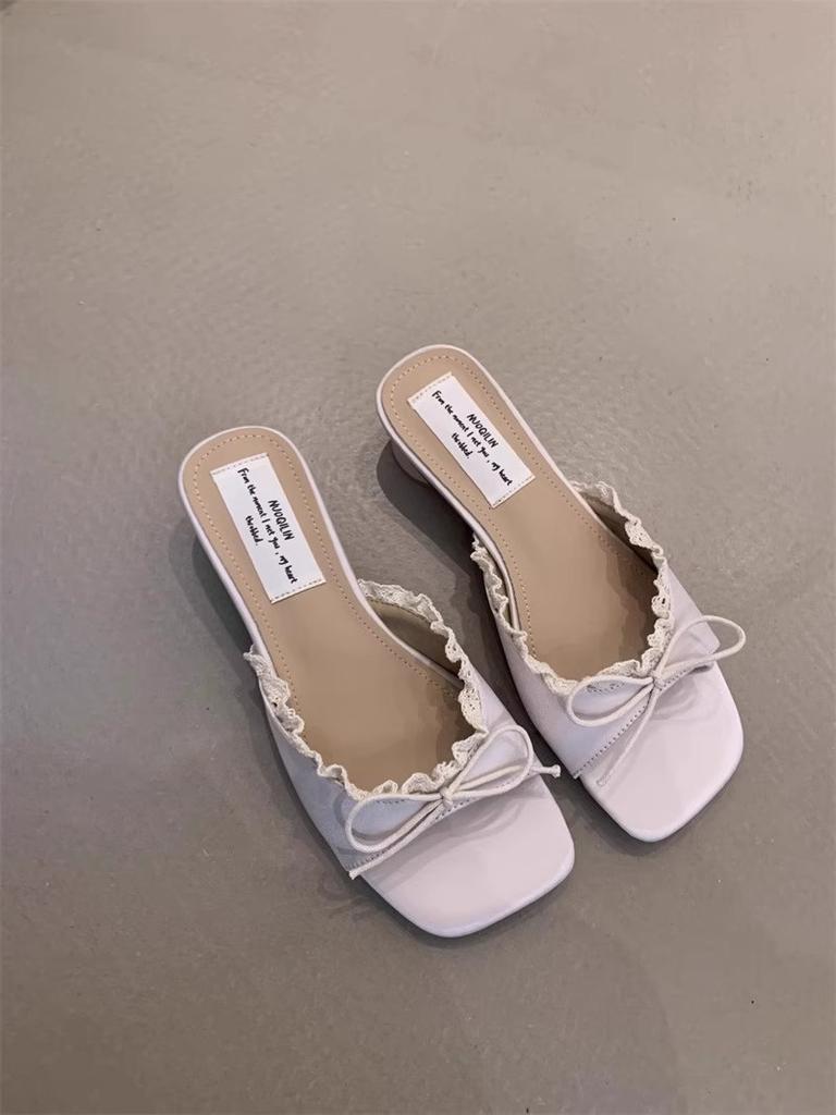 Bow Square Heel Cool Slippers Women's Outer Wear Summer New Versatile Temperament Elegant Thick Heel One-word Drag