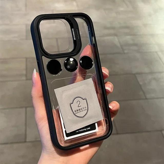Lens Metal Ring Protector Stand Phone Case For IPhone 17 16 15 14 13 12 Pro Max Camera Glass Lens Protection Transparent Cover