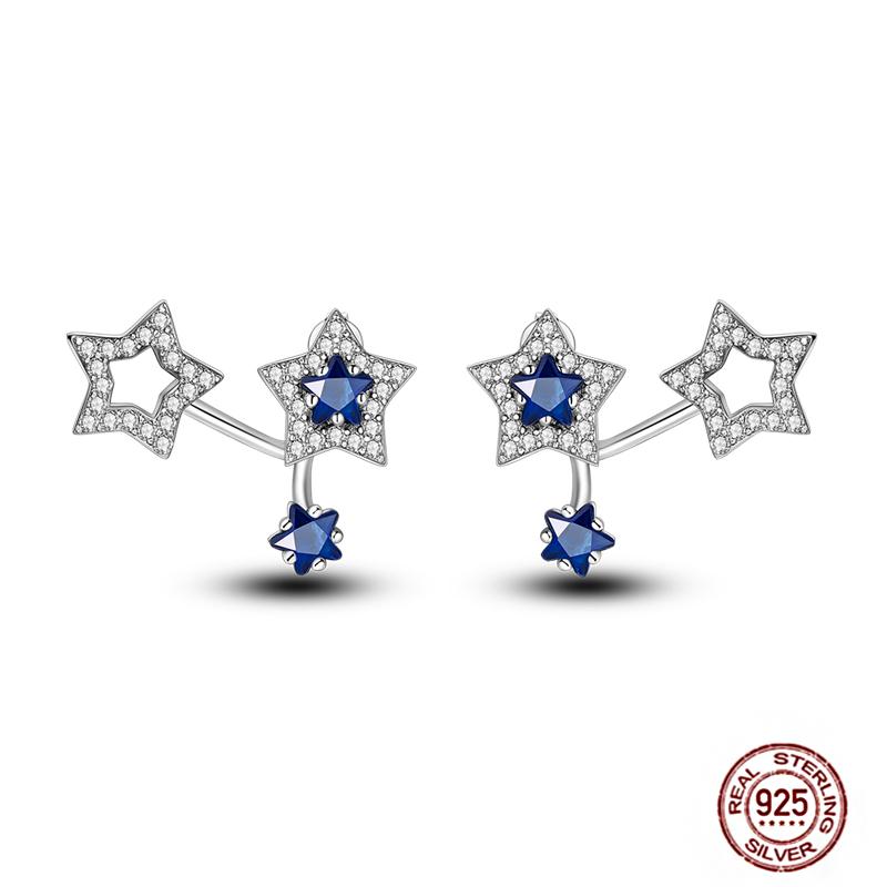 Sparkling Women Hoop Earrings 925 Copper Heart Shape Star Moon Round Blue Zircon Fit Origina Drop Earrings Zircon Holiday Gifts