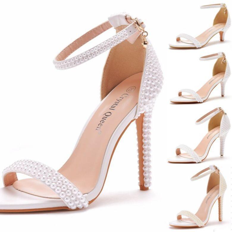 Босоножки на высоком каблуке Белые туфли с ремешком на щиколотке Тонкий каблук Босоножки с открытым носком Римские сандалии Белые жемчужные сандалии