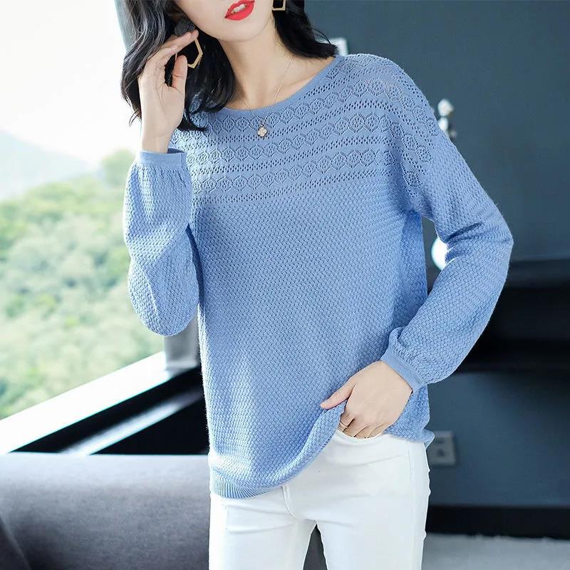 Полая вязаная женская тонкая женская блузка с длинным рукавом весной и осенью, свободный свитер для ношения