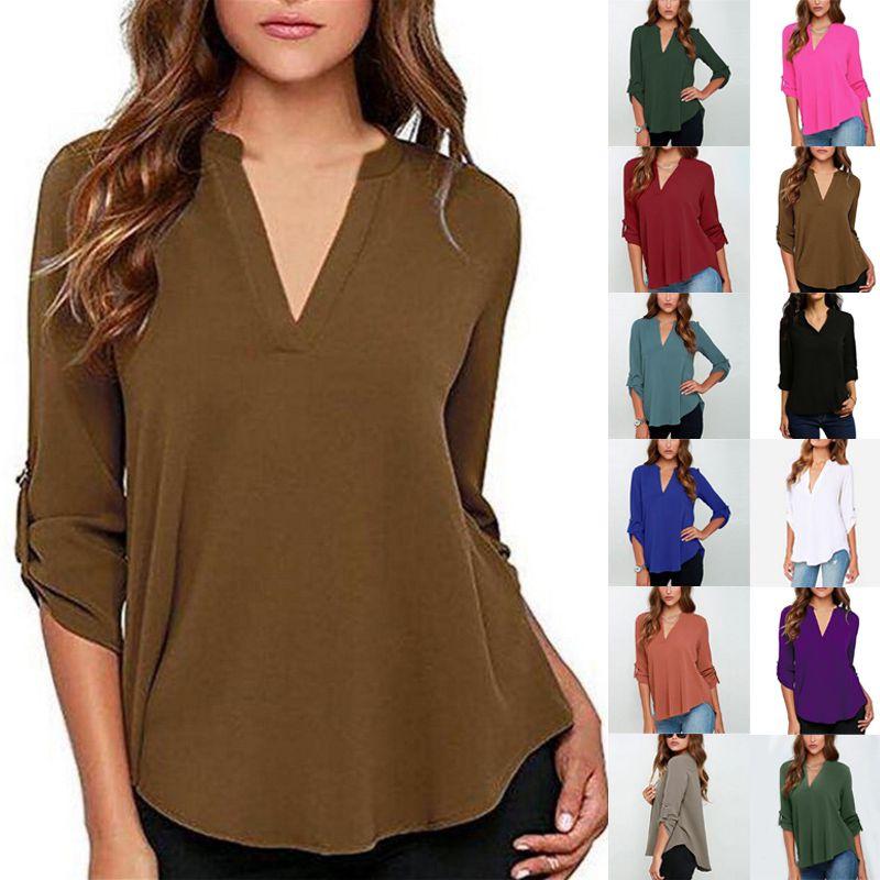 Стильная женская повседневная футболка с длинным рукавом и V-образным вырезом, пуловер, туника, блузка, варианты
