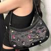 French Premium Color Diamond Jewel Black Velvet Niche Spice Girl Leather Underarm Bag Handheld Shoulder Baguette Bag