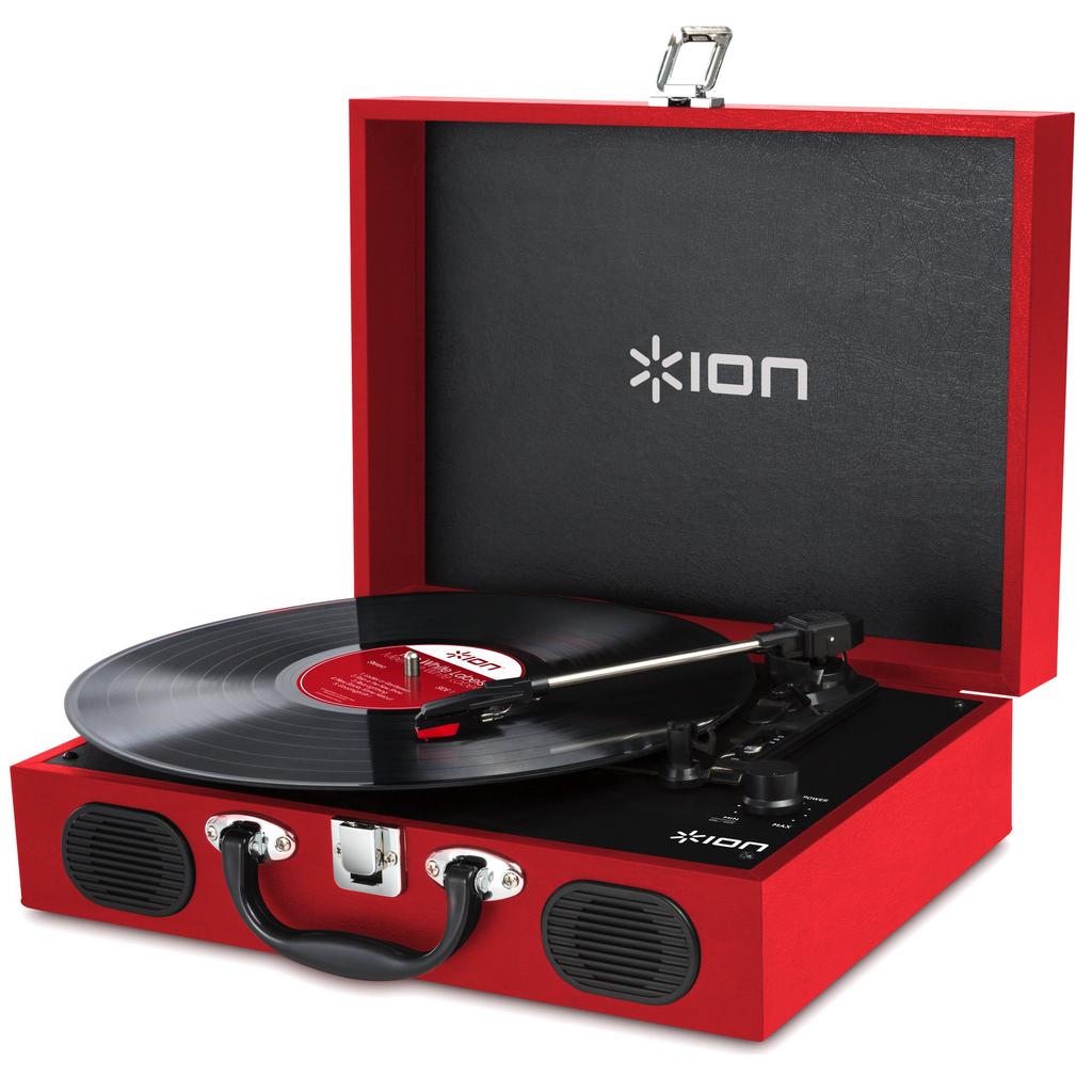 ION Audio Portable record suitcase runs on Vinyl red player, type, built-in speaker, portable, batteries, Transport,