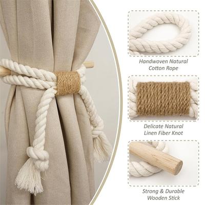 Подхваты для штор, Натуральная хлопково-льняная веревка, Держатели для штор, Аксессуары для штор для загородного дома, Установка без сверления
