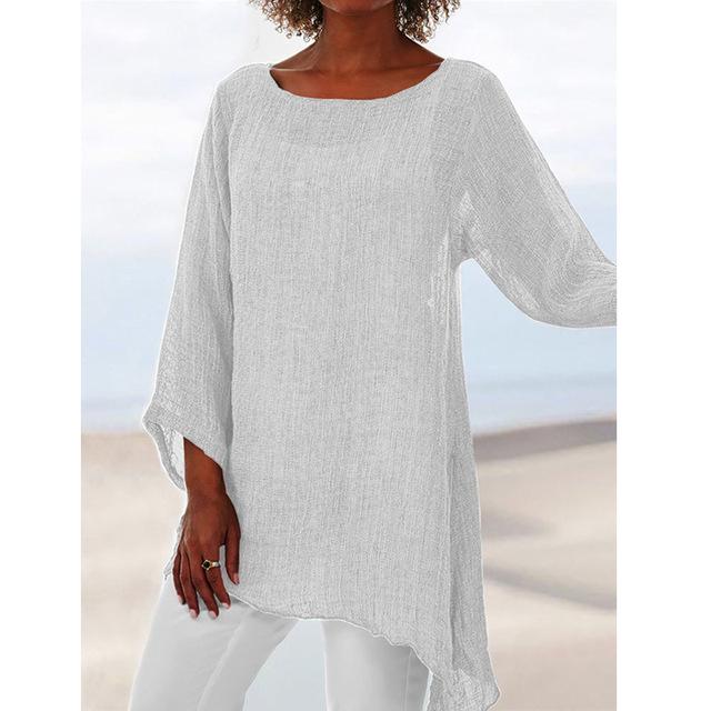 Хлопковая мягкая однотонная блузка, летняя свободная рубашка больших размеров, женские топы и блузки с круглым вырезом и длинными рукавами, аномалистическая повседневная женская туника