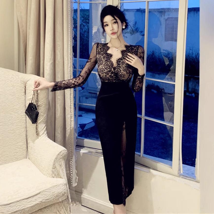 Женское сексуальное ветровое кружевное платье с высокой талией и разрезом