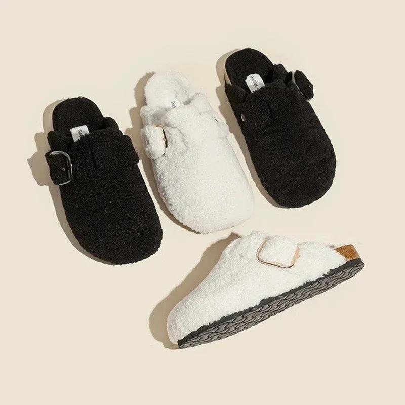 Maogu Mules Fur Woman Shoes Winter New Buckle Flats Platform Walking Plush Ladies Slides Casual Warm Indoor 2025 Women Slippers