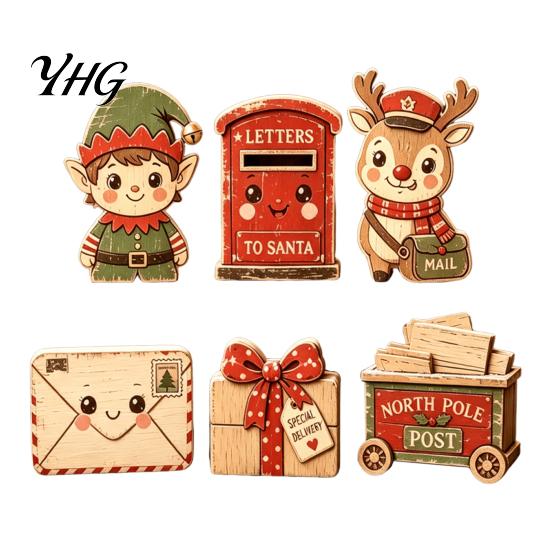 Wooden Christmas Tree Ornaments 6Pcs Figurines, Vintage Desktop Ornaments, Retro Cartoon Centerpieces Tabletop Decorations for Tiered Tray And Holiday