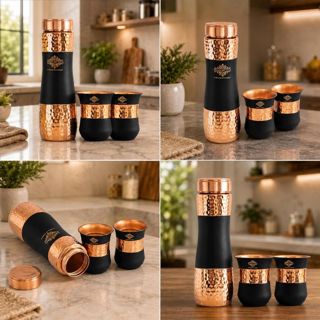 Copper Drinkware Black Silk Finish, Set of 2 Glass and 1 Bottle, Volume - Glass 300 ML, Bottle 1000 ML