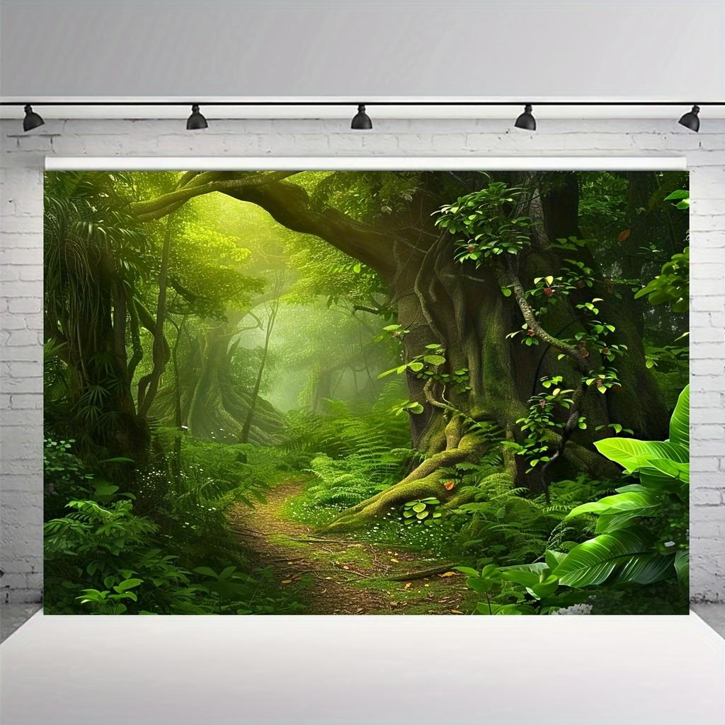 1. Greenery Forest Jungle Background Fabric - Polyester material jungle scene photo wallpaper, suitable for parties and events