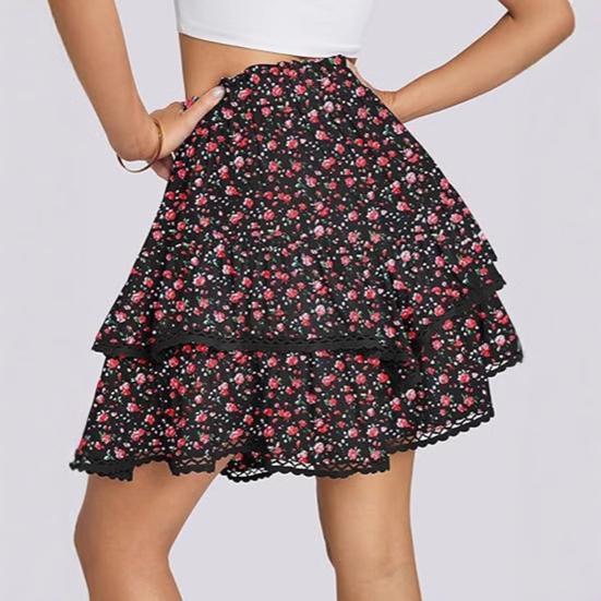 Women Cake Skirt High Waisted Double-Layered Ruffle Bohemian Mini Skirt with Elastic