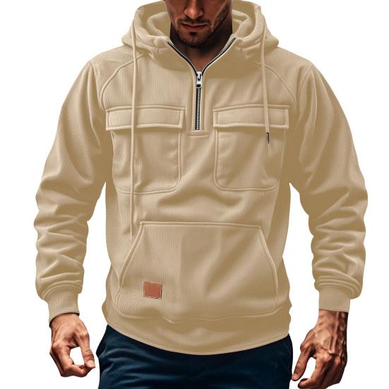 Men Hoodie Zipper Half Placket Hooded Drawstring Long Sleeve Sport Tops with Pockets Solid Color Multi-Pocket Design Warm Sweatshirt