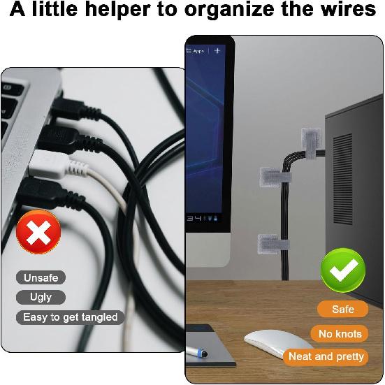 60pcs Self Adhesive Hook and Loop Cable Ties, Reusable Cable Management Straps Multi-Purpose Wire Ties Cord Organizer for Office Home Kitchen