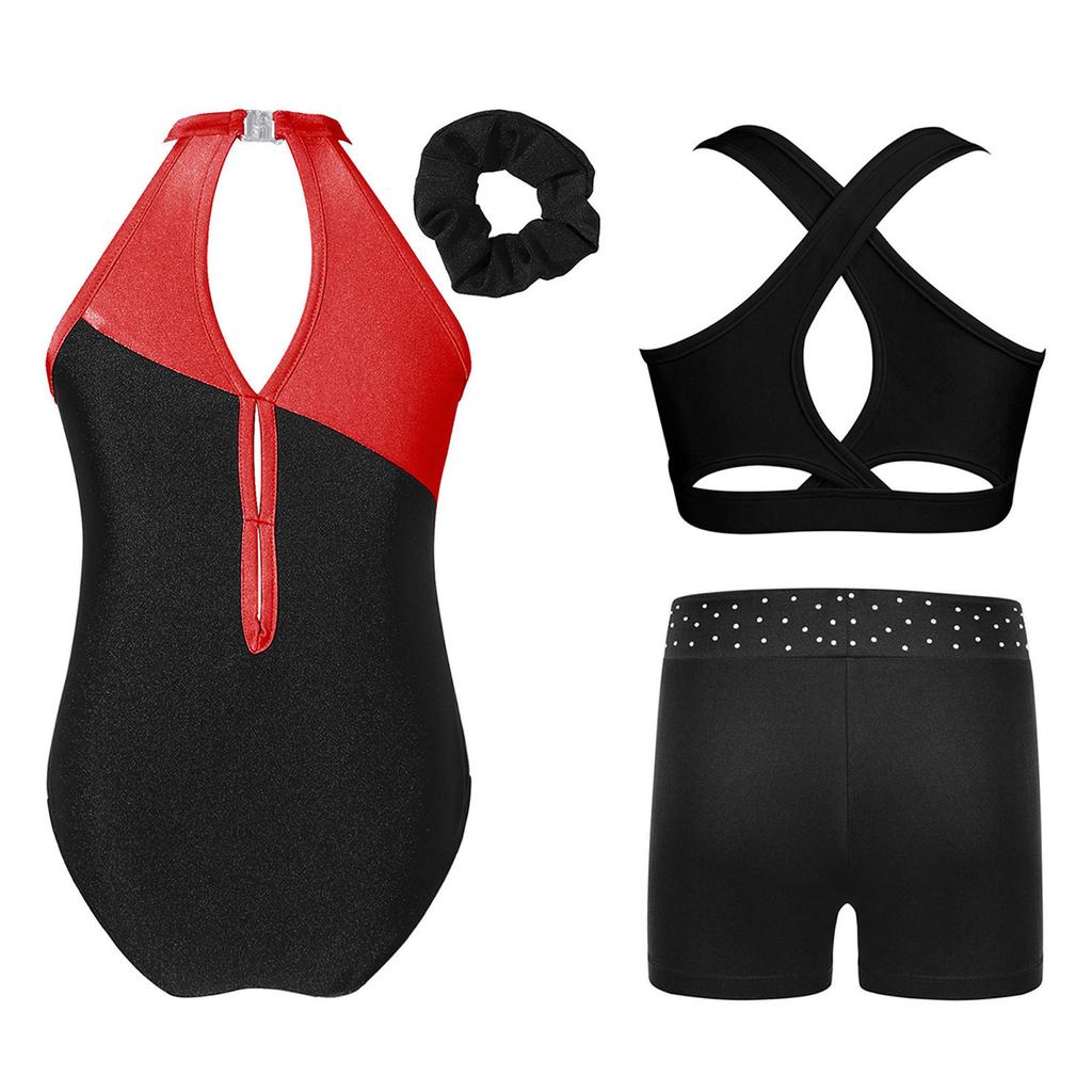 Girls Rhinestone Gymnastics Costume Set with Sleeveless Leotard Vest Shorts Waistband and Hair Band