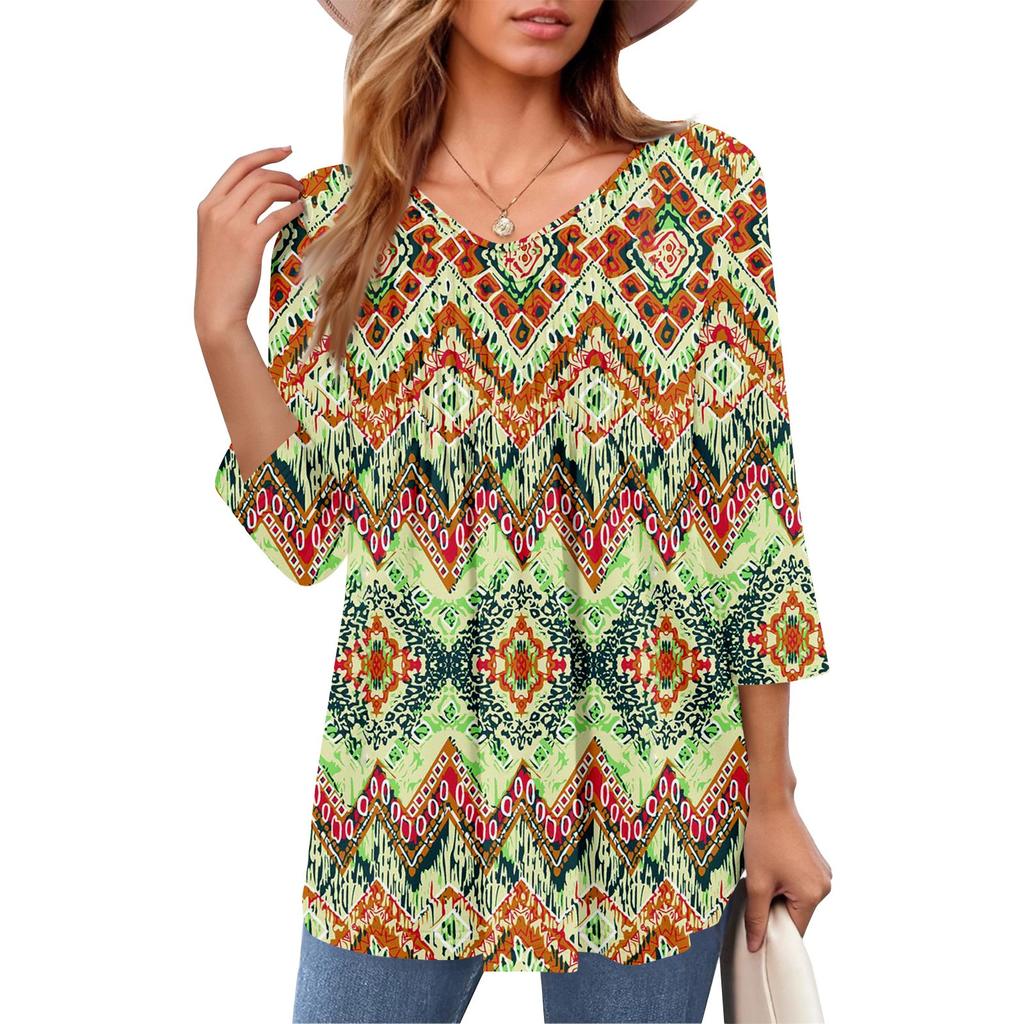 Женские топы с V-образным вырезом и рукавом три четверти в полоску, плиссированные, повседневные, летние, модные, рубашки