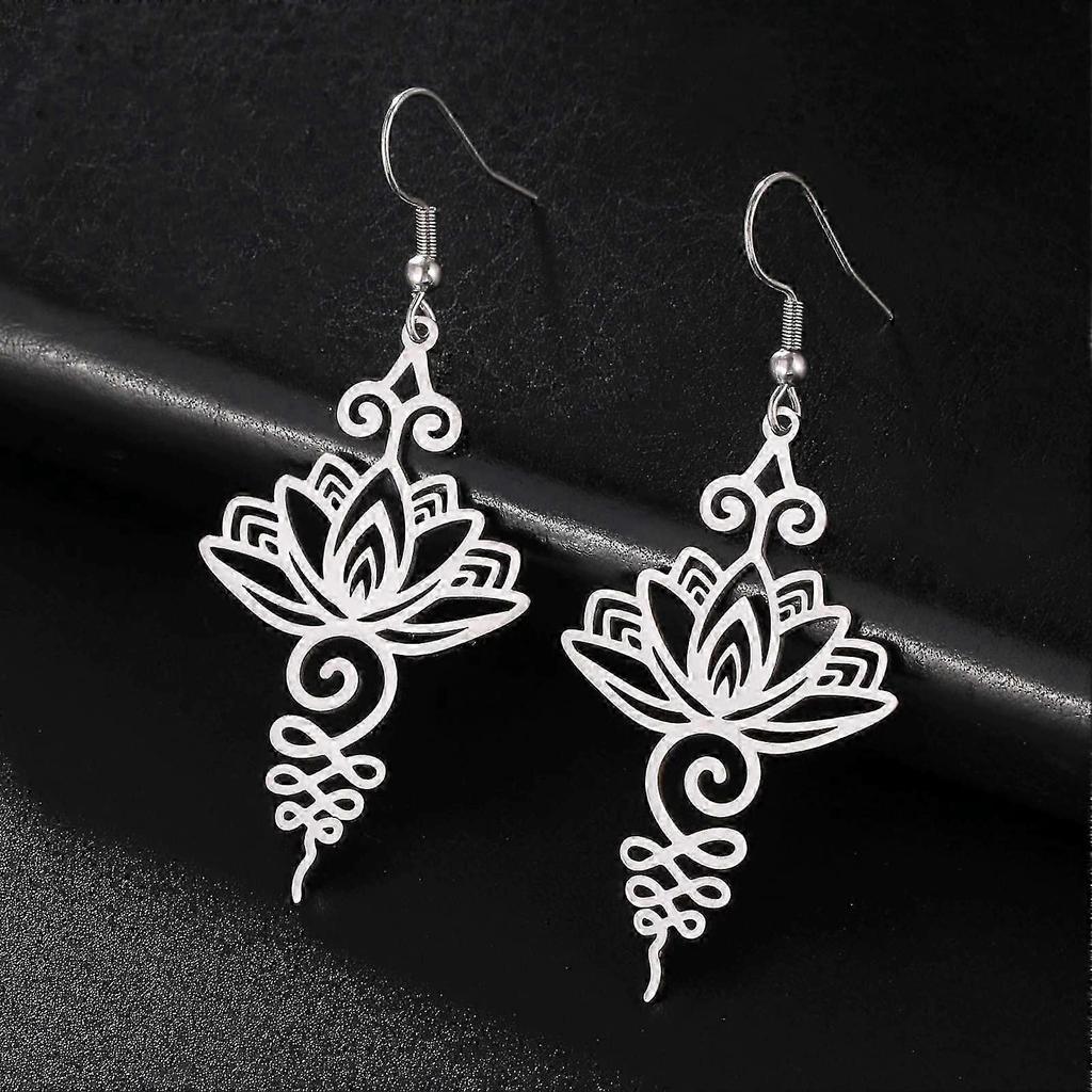 Lotus Flower Dangling Earrings for Women Yoga Healing Charms Unalome Symbol Amulet Stainless Steel Jewelry Lotus Flower Buddha Yoga Earrings