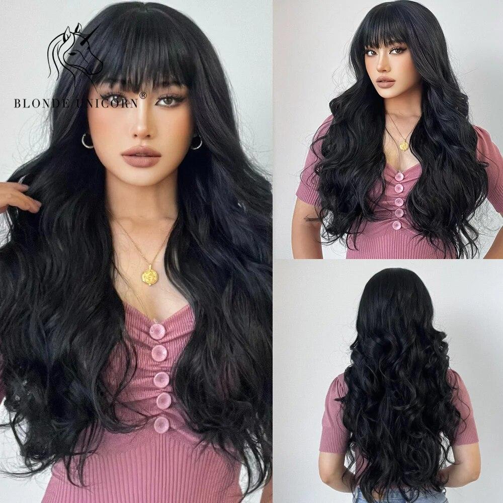 Блондинка-единорог, коричневый блондин, синтетический парик, длинные волнистые парики с челкой, повседневный косплей, вечерние, термостойкое волокно для женщин