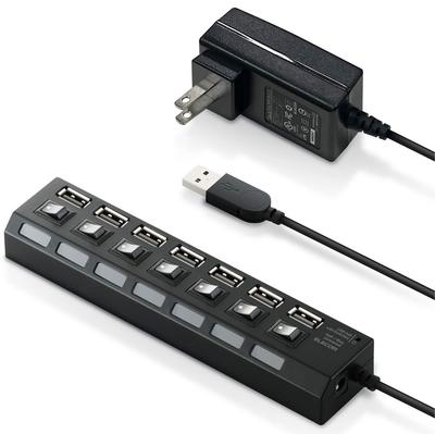 Elecom USB 2.0 Хаб, 7 портов, с адаптером переменного тока, Само/Шинно-совместимый, Индивидуальные переключатели, 2.0м, Черный, U2H-TZS720SBK