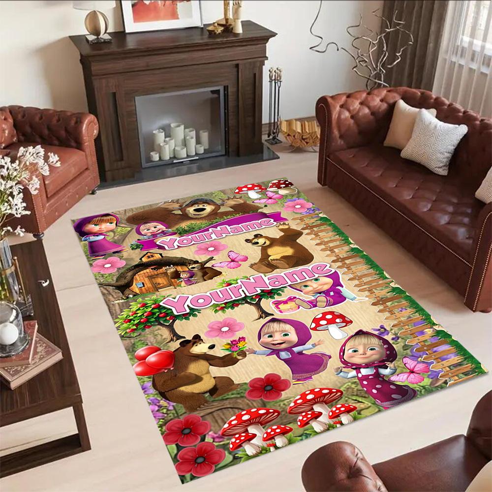 Masha Bear Customized Name Floor Mat Design for Dining Room Game Room Study room Outdoor Antislip Carpet Office home decor Best for Christmas