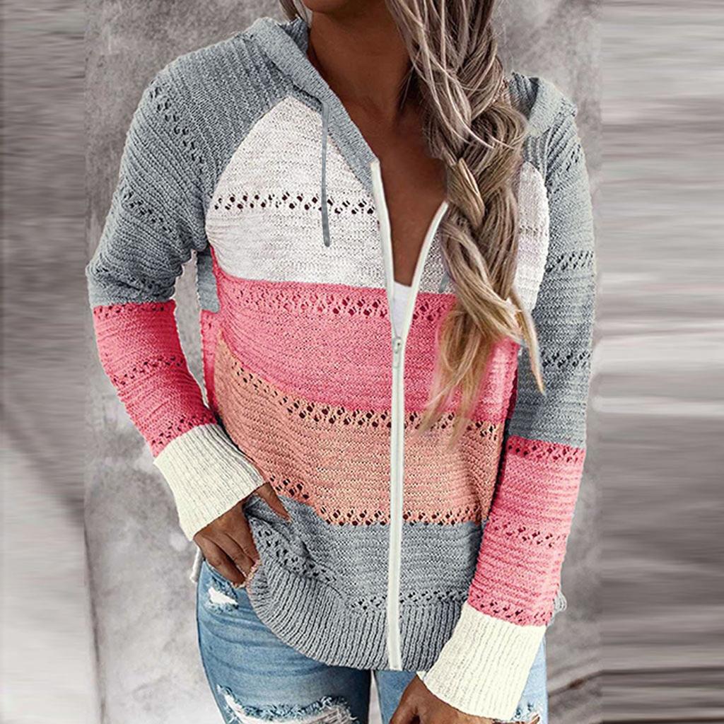 Womens Zip Up Color Block Hoodie Sweaters Long Sleeve Cardigan Sweatshirts