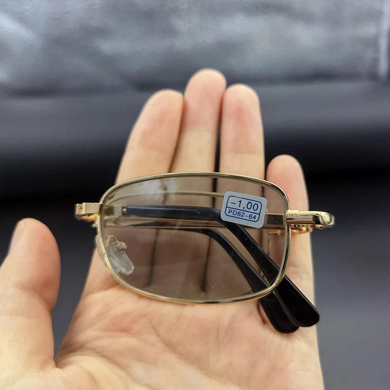 Foldable Rectangle Photochromic Nearsighted Glasses Fashion Men Anti Blue Light Outdoor Color Changing Minus Sunglasses with Box