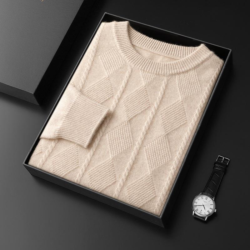 Мужской утолщенный свитер с круглым вырезом из чистого кашемира - Теплый шерстяной вязаный пуловер для осени и зимы