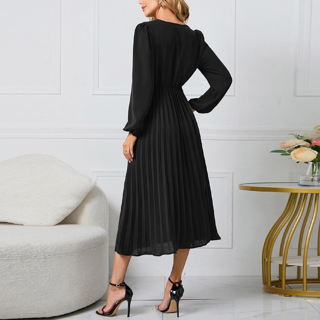 Женское однотонное облегающее платье с длинными рукавами и плиссированным поясом с v-образным вырезом