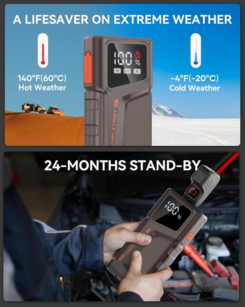 Портативное пусковое устройство для автомобиля 2000А 12В с ЖК-дисплеем, USB QC3.0, светодиодной подсветкой, пусковыми проводами