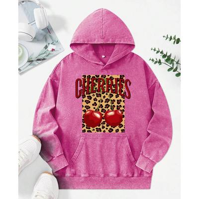 Леопардовый Вишневый Креативный Принт Женское Выстиранное Худи Свободное Модное Уличное Осень Многоцветное Худи Хлопковый Пуловер
