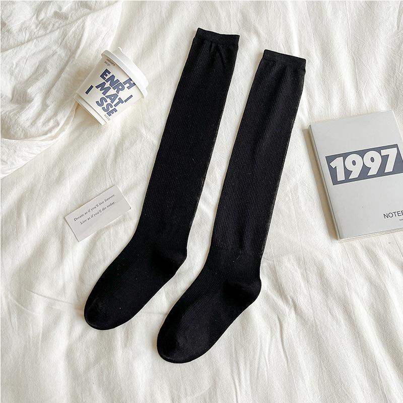Female Spring and Autumn Pure Color Simple College Style All Build Sweet Long Leg Socks